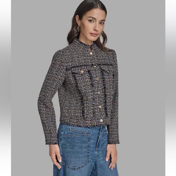 BCBG Women's Boxy Mock Neck Tweed Jacket 2025 career medium new blazer - Picture 1 of 8